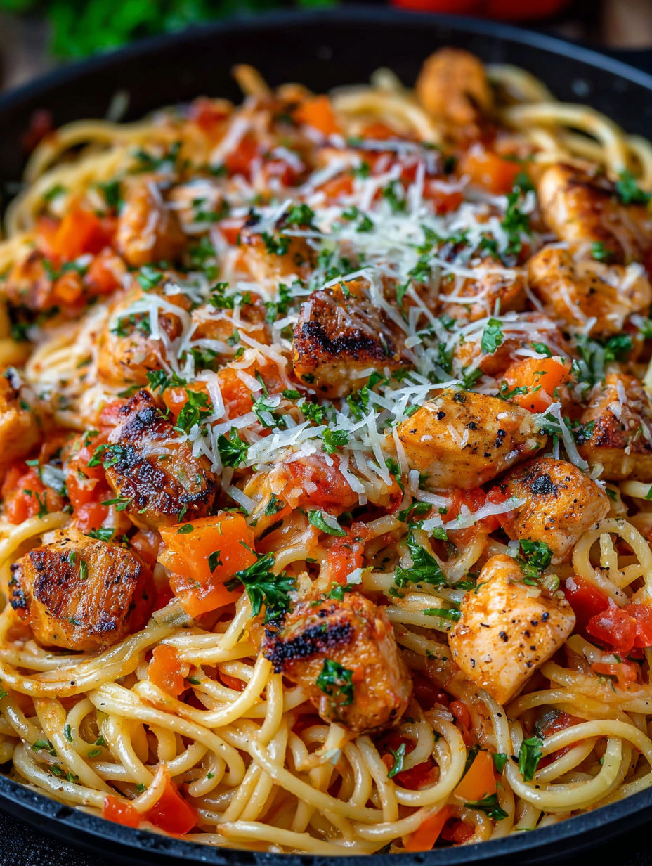 A plate of spaghetti with meat and vegetables.
