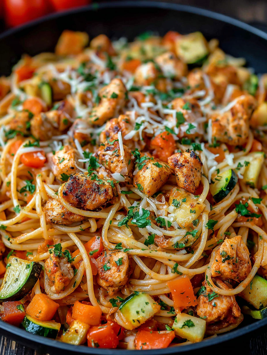 A plate of spaghetti with meat and vegetables.