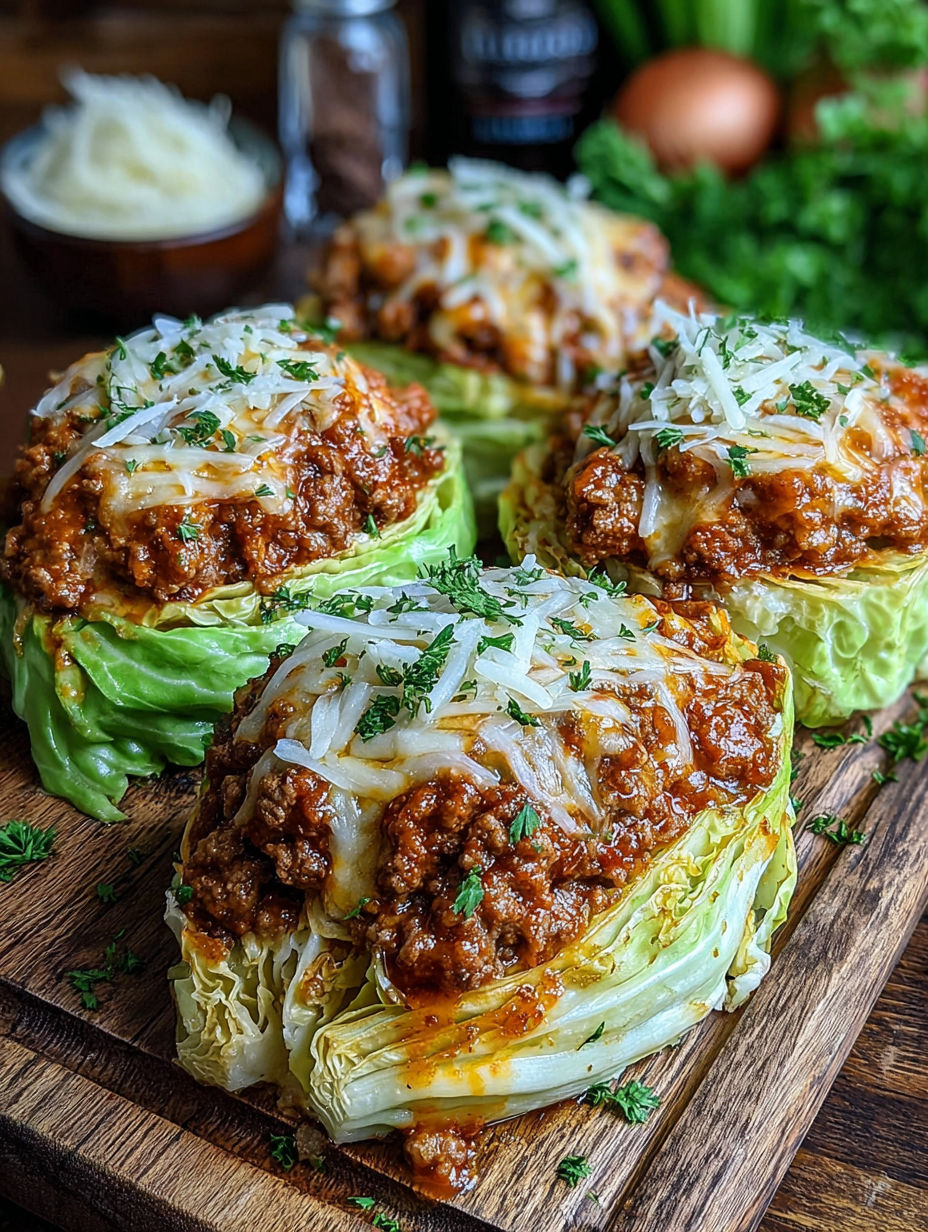 Four oven-baked cabbage burgers with cheese and meat.