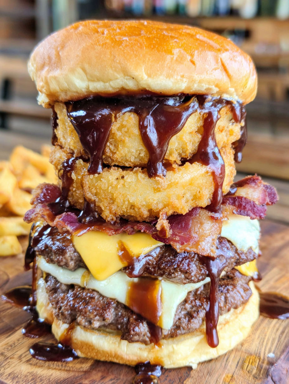 A large burger with bacon and onions.