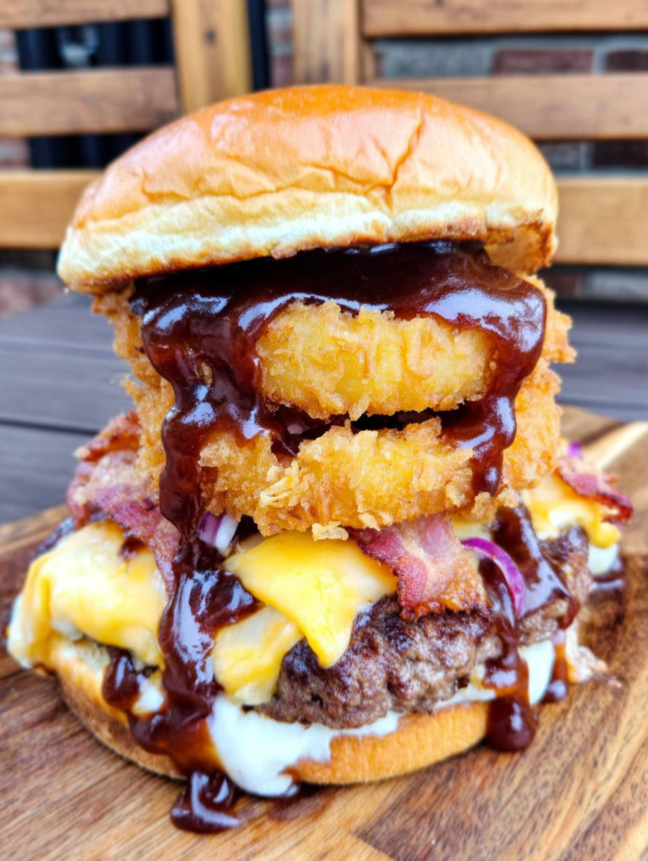 A large burger with bacon, onions, and BBQ sauce.