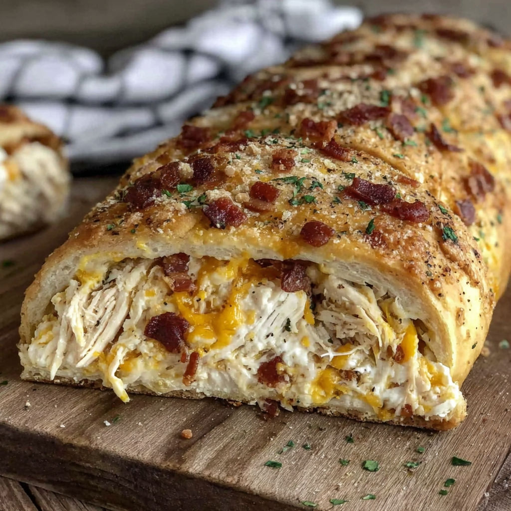 A chicken bacon ranch stromboli on a wooden cutting board.
