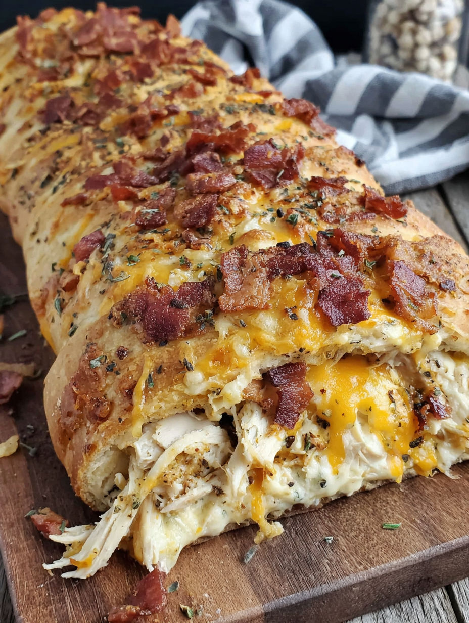A chicken bacon ranch stromboli on a wooden cutting board.