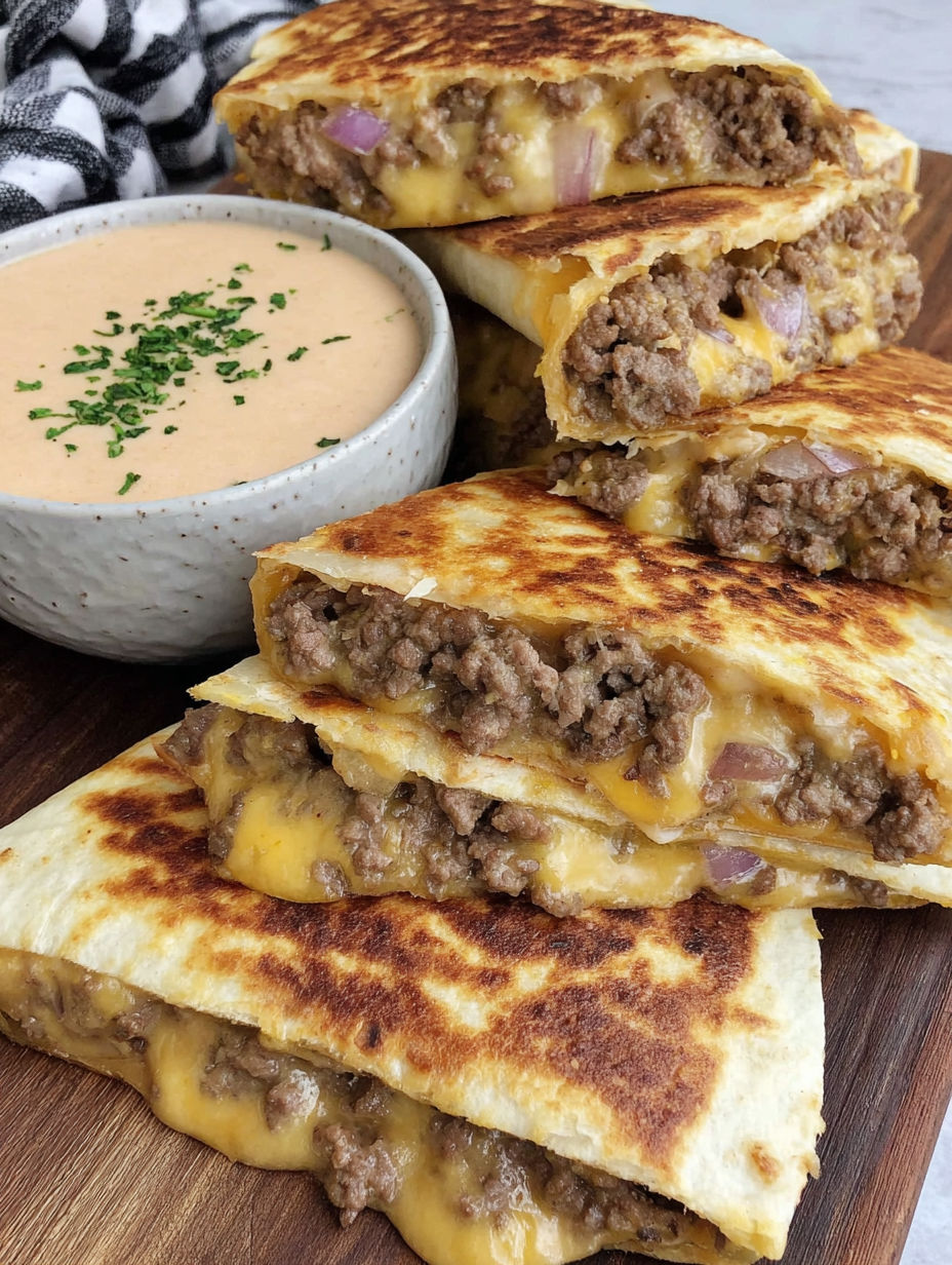 A stack of sandwiches with cheese and onions.