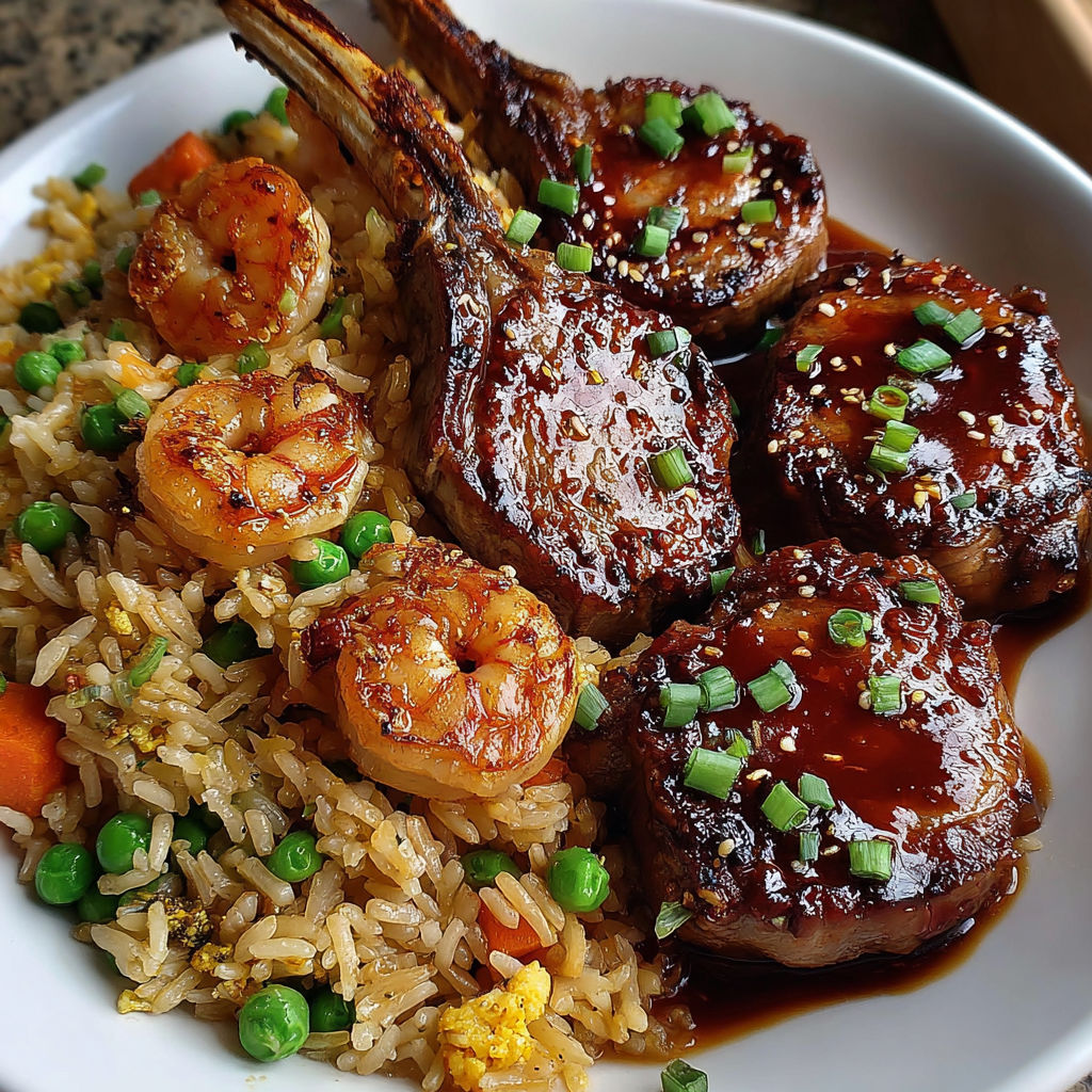 A plate of food with shrimp, rice, and lamb.