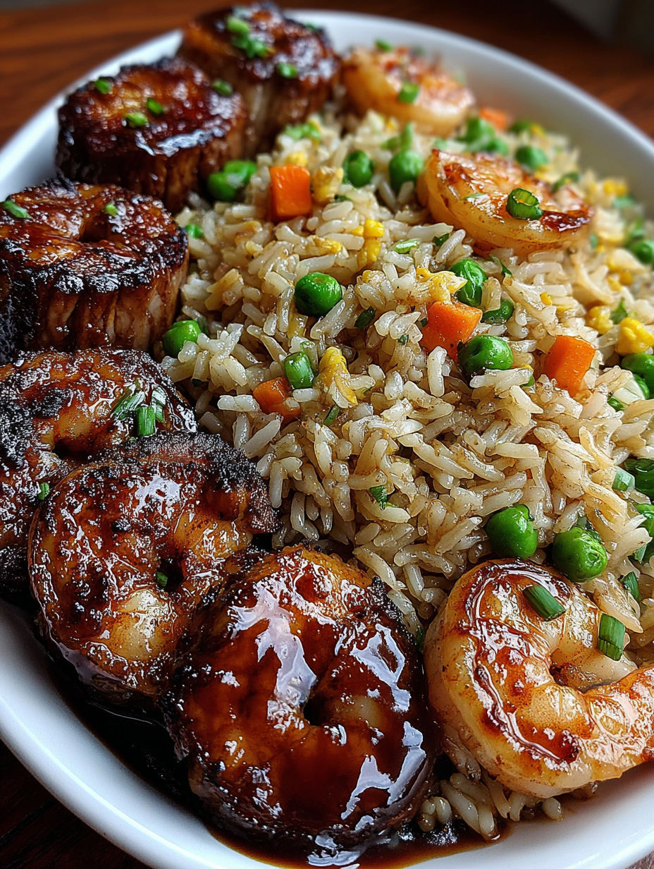 A bowl of rice with shrimp and lamb.