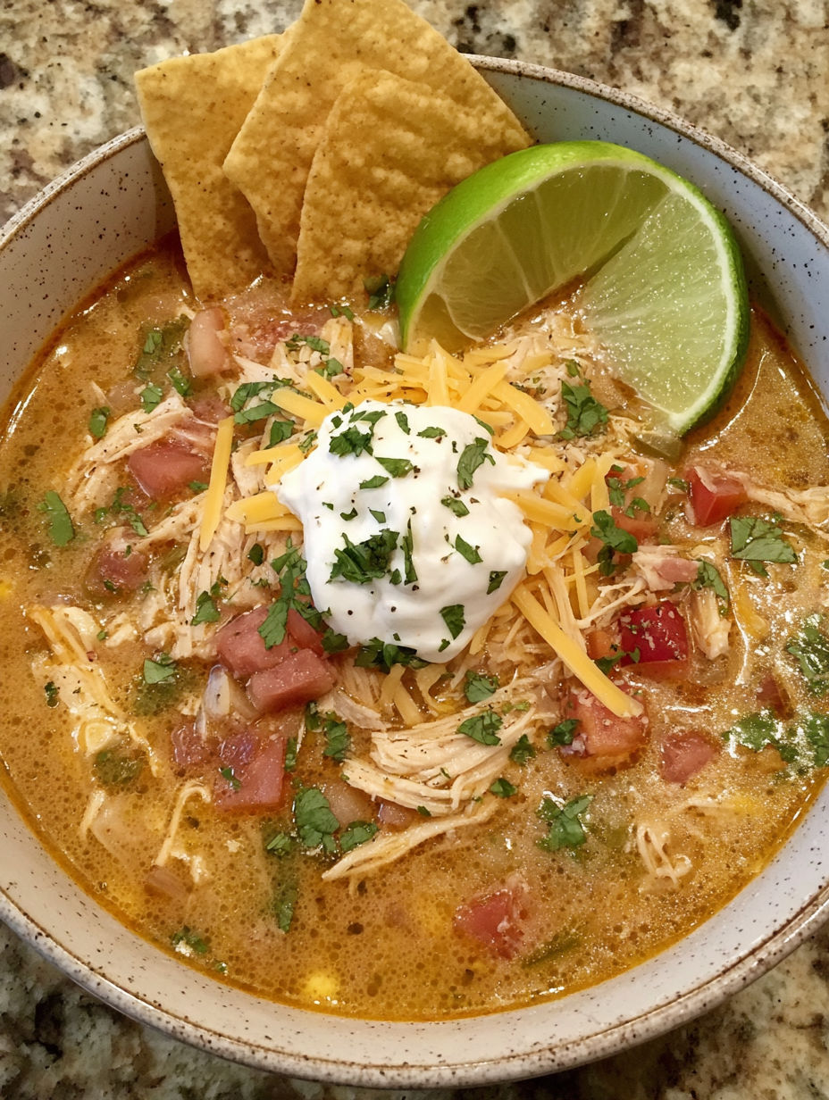 A bowl of soup with chips and a lime wedge.