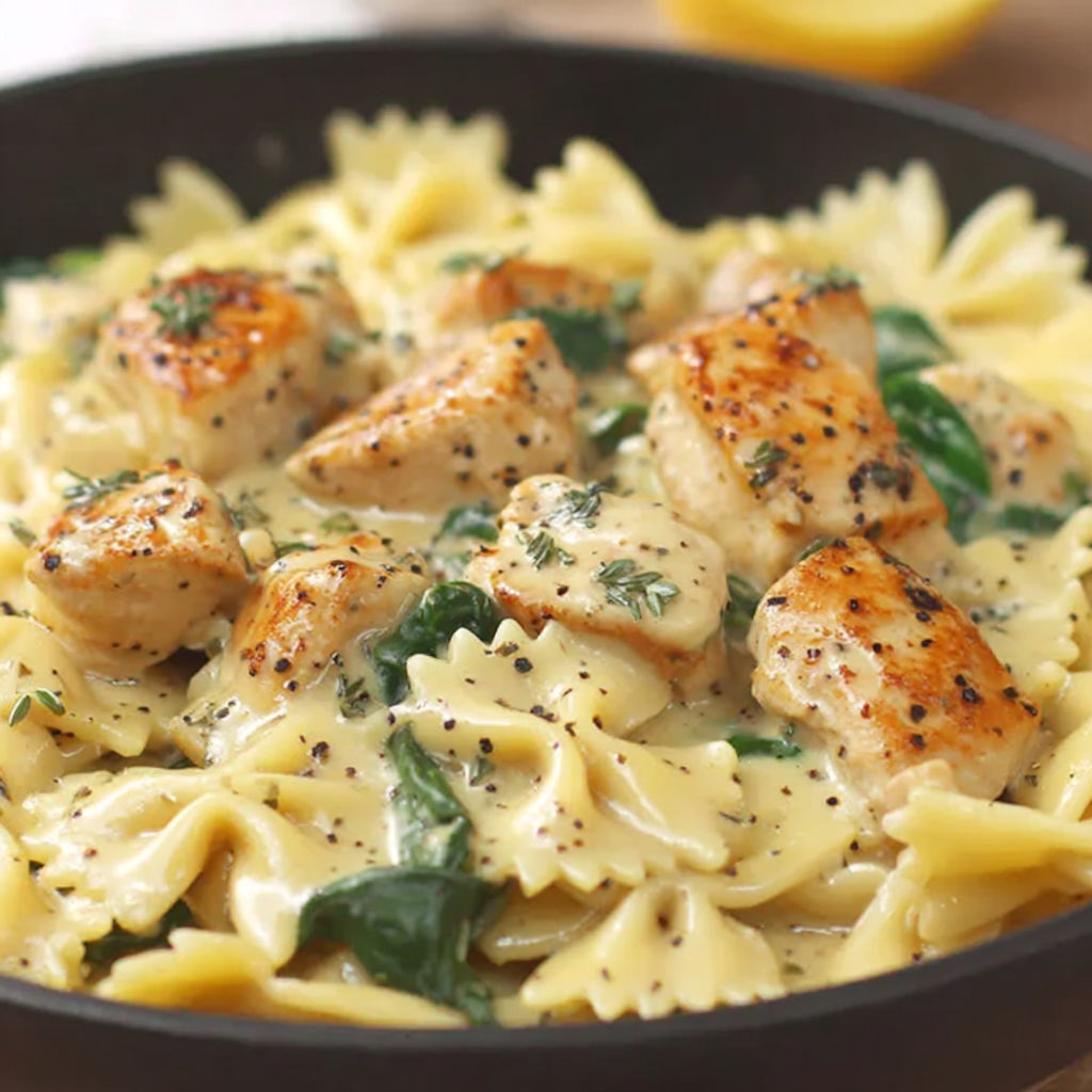 A plate of chicken alfredo with noodles and green vegetables.