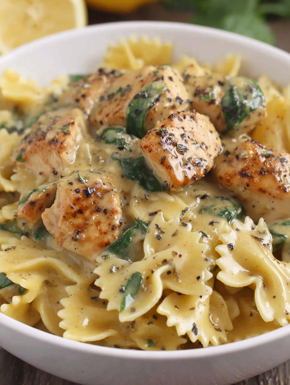 A bowl of chicken alfredo with pasta and green vegetables.