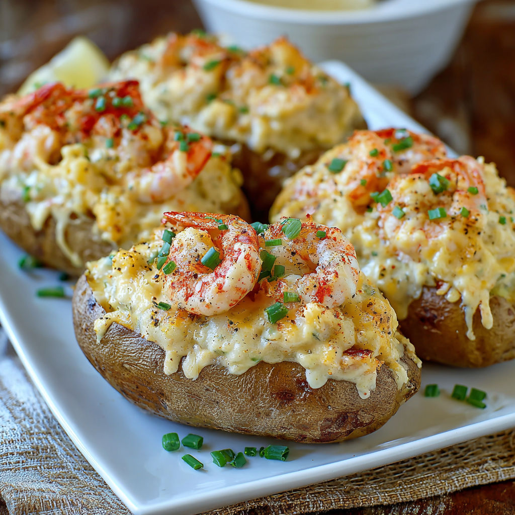 A plate of seafood stuffed potatoes.