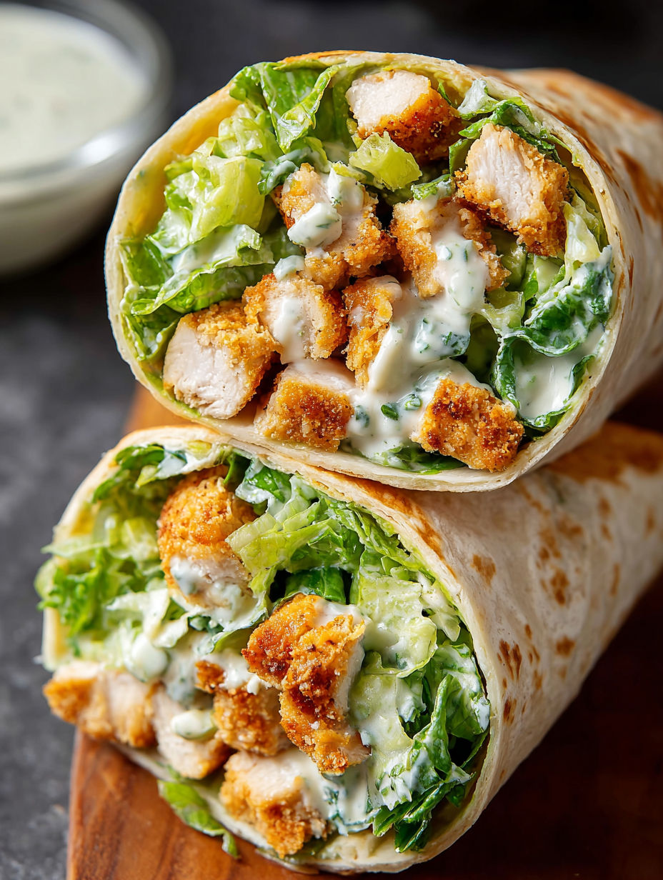 A wrap filled with chicken and lettuce.