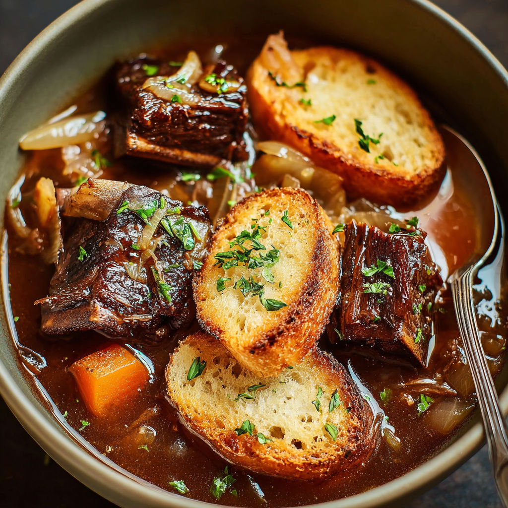 A bowl of hearty French onion short ribs.