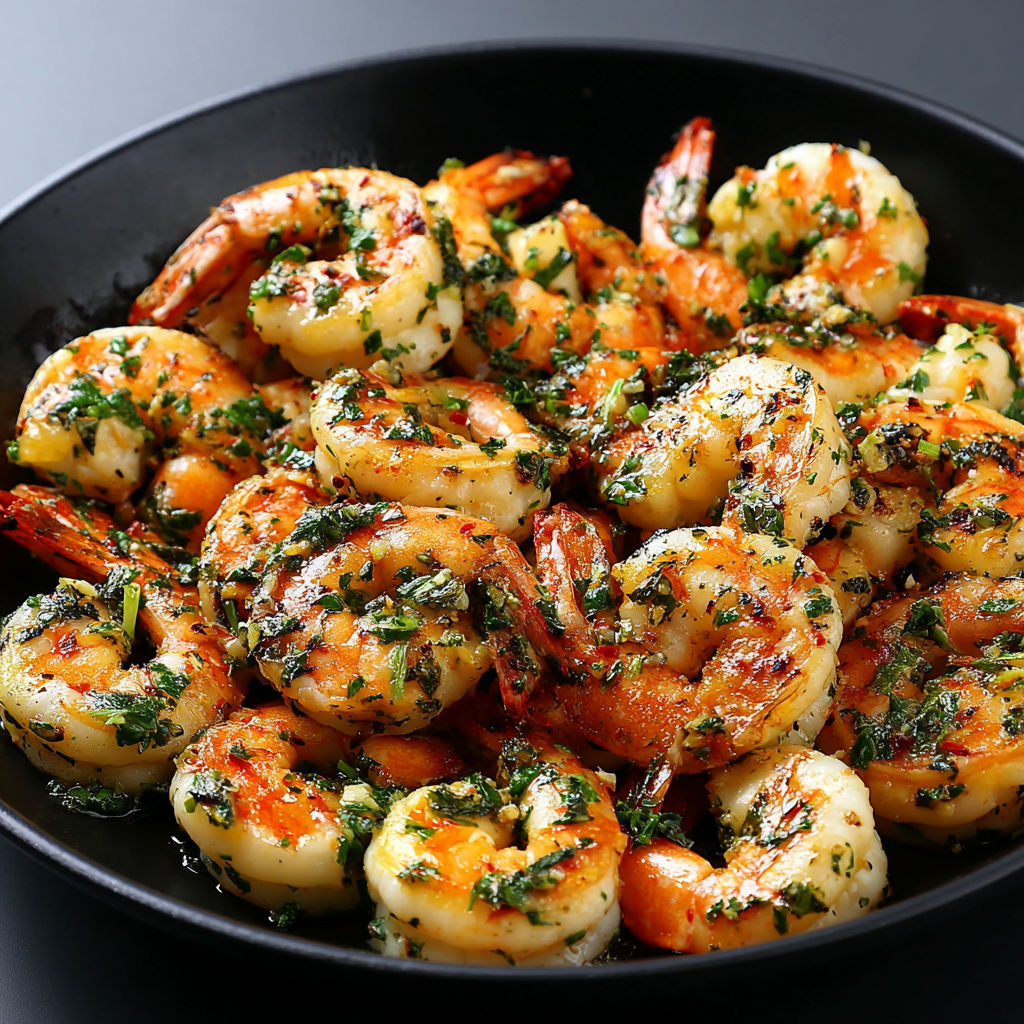 A bowl of shrimp with garlic and herbs.