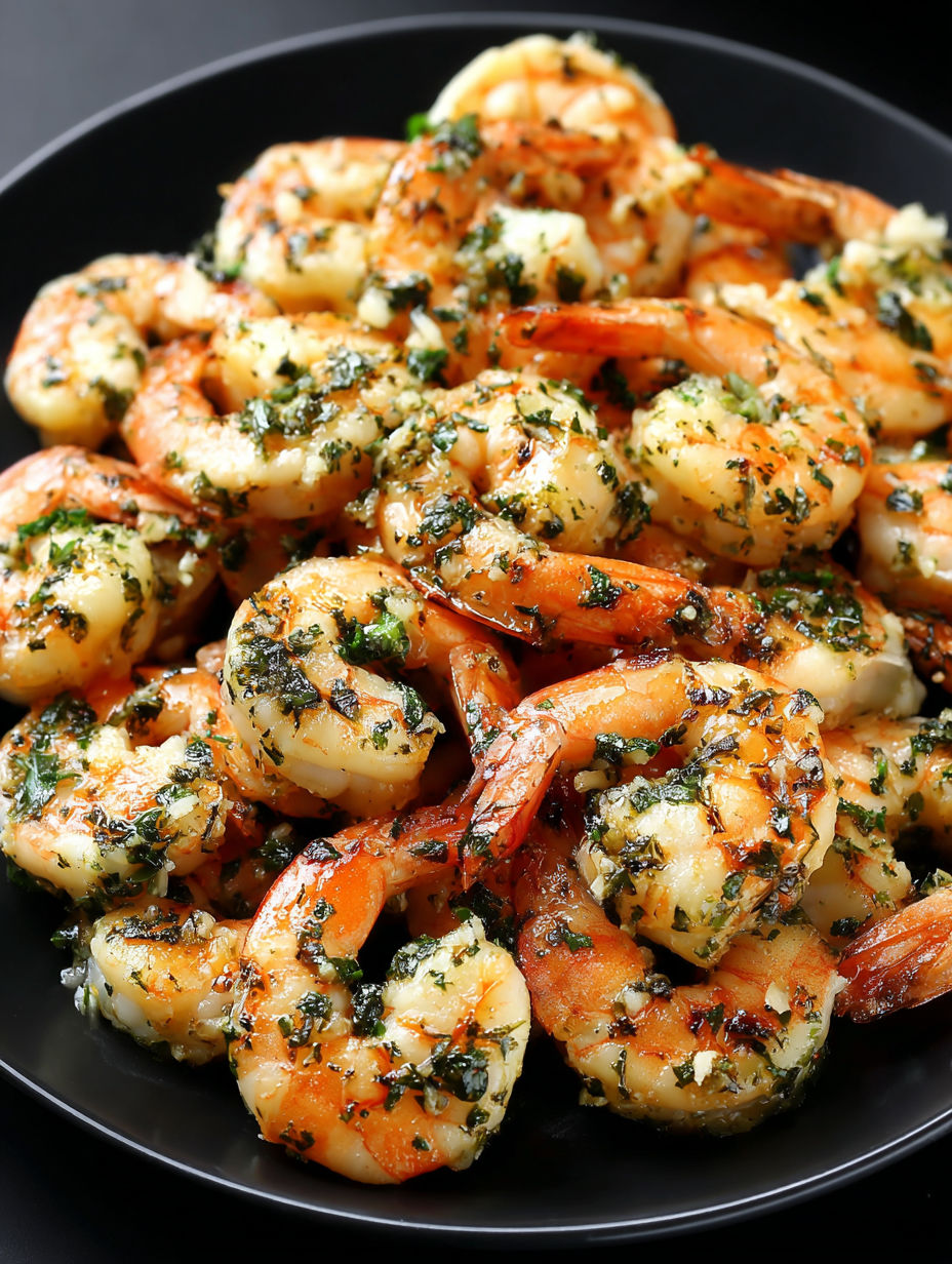 A bowl of shrimp with a green sauce.