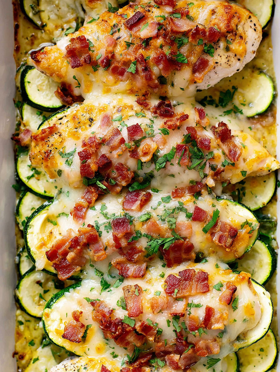 A dish of chicken and zucchini with bacon on top.