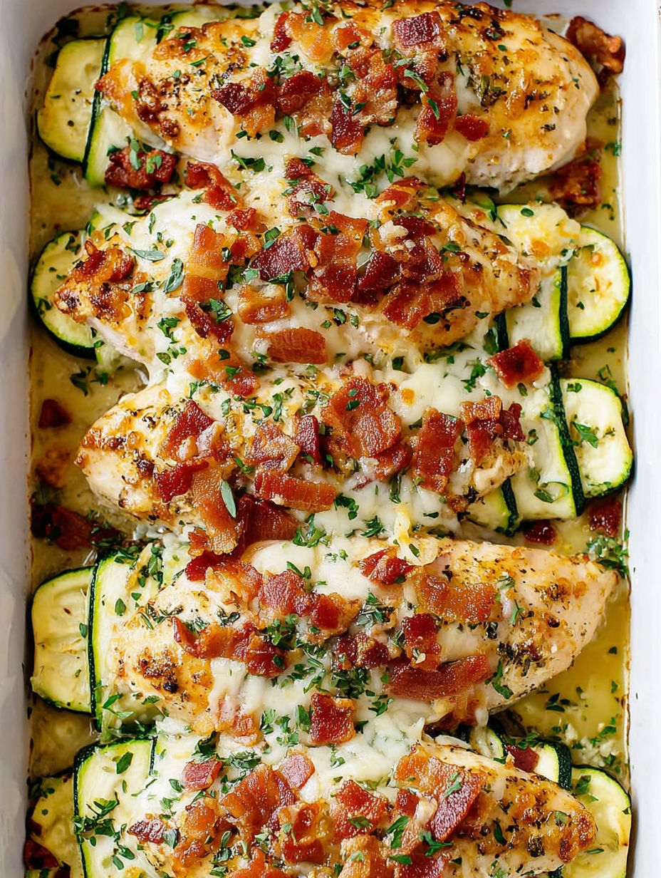 Chicken and zucchini baked with bacon.