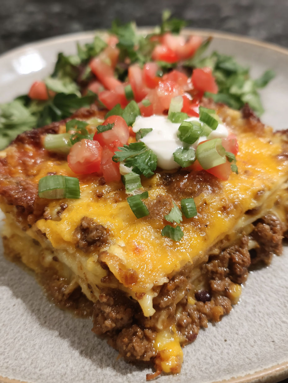 A cheesy taco lasagna dinner with tomatoes and lettuce.