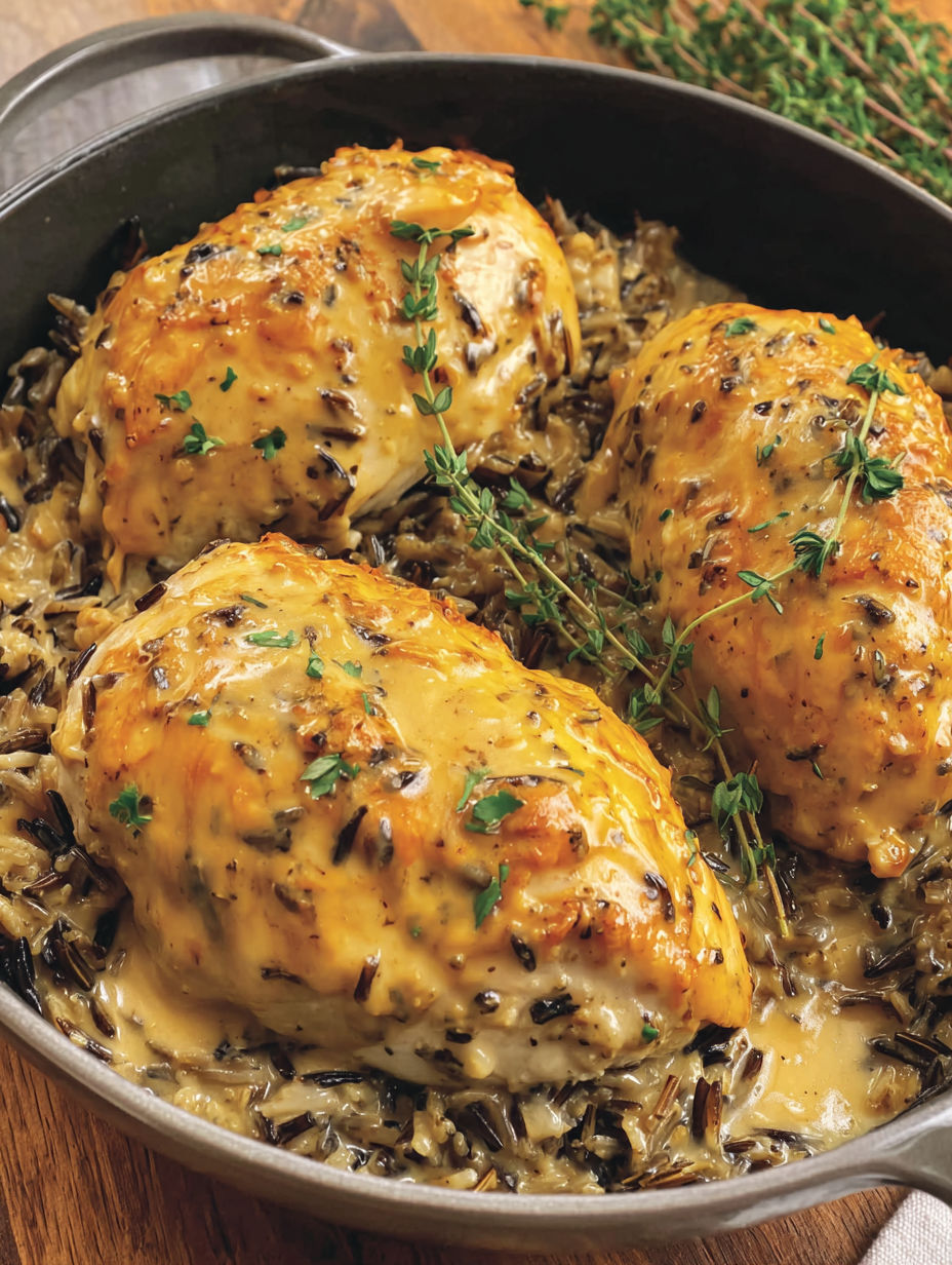 A pan of chicken with rice and herbs.