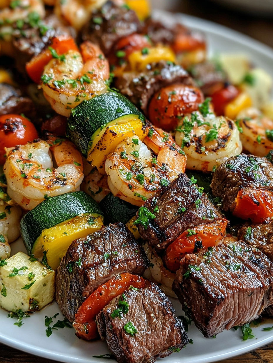 Grilled shrimp and steak kabobs with various vegetables.