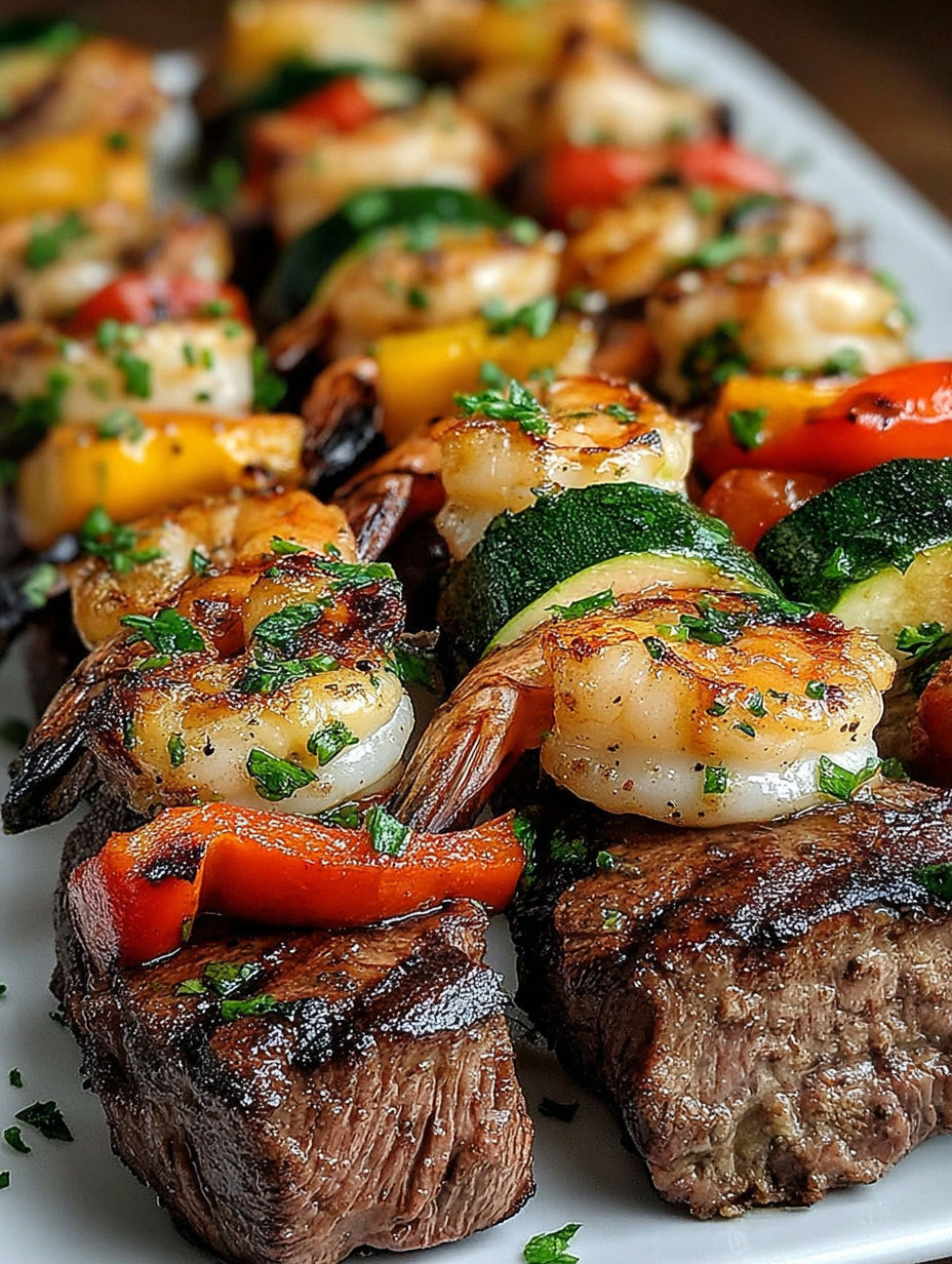 Grilled shrimp and steak kabobs.