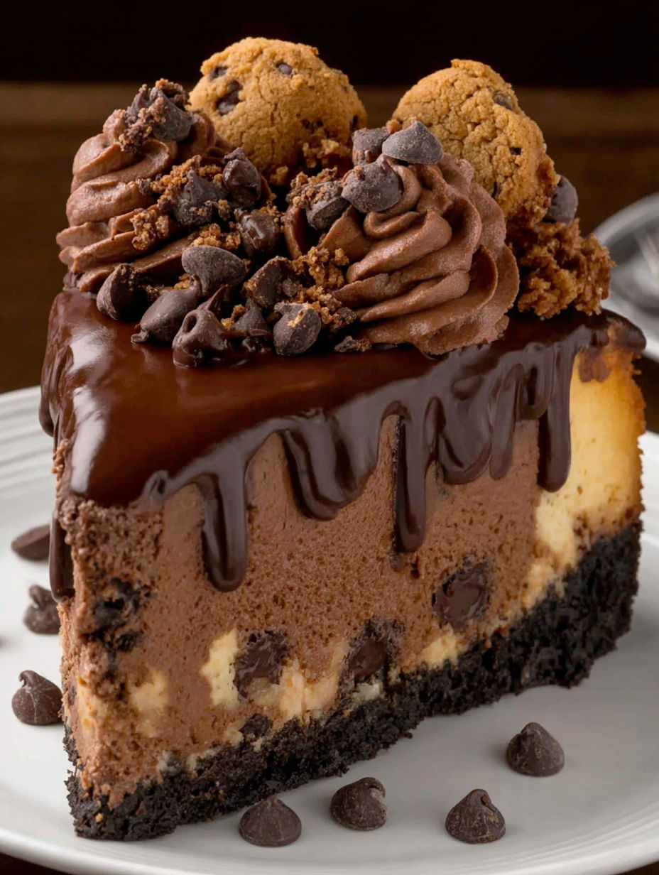 A slice of chocolate cheesecake with chocolate drizzle.