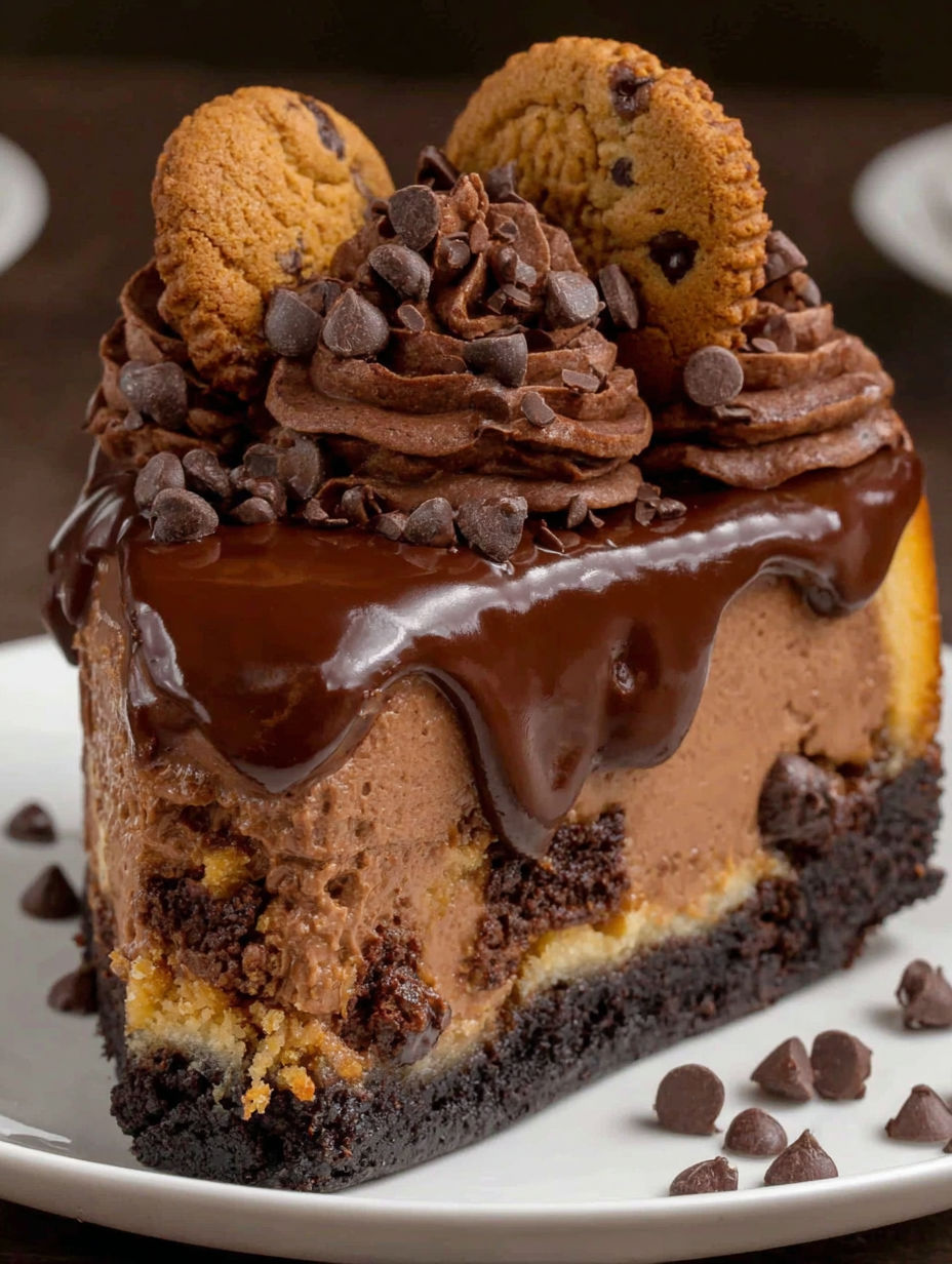 A slice of chocolate cheesecake with chocolate drizzle.