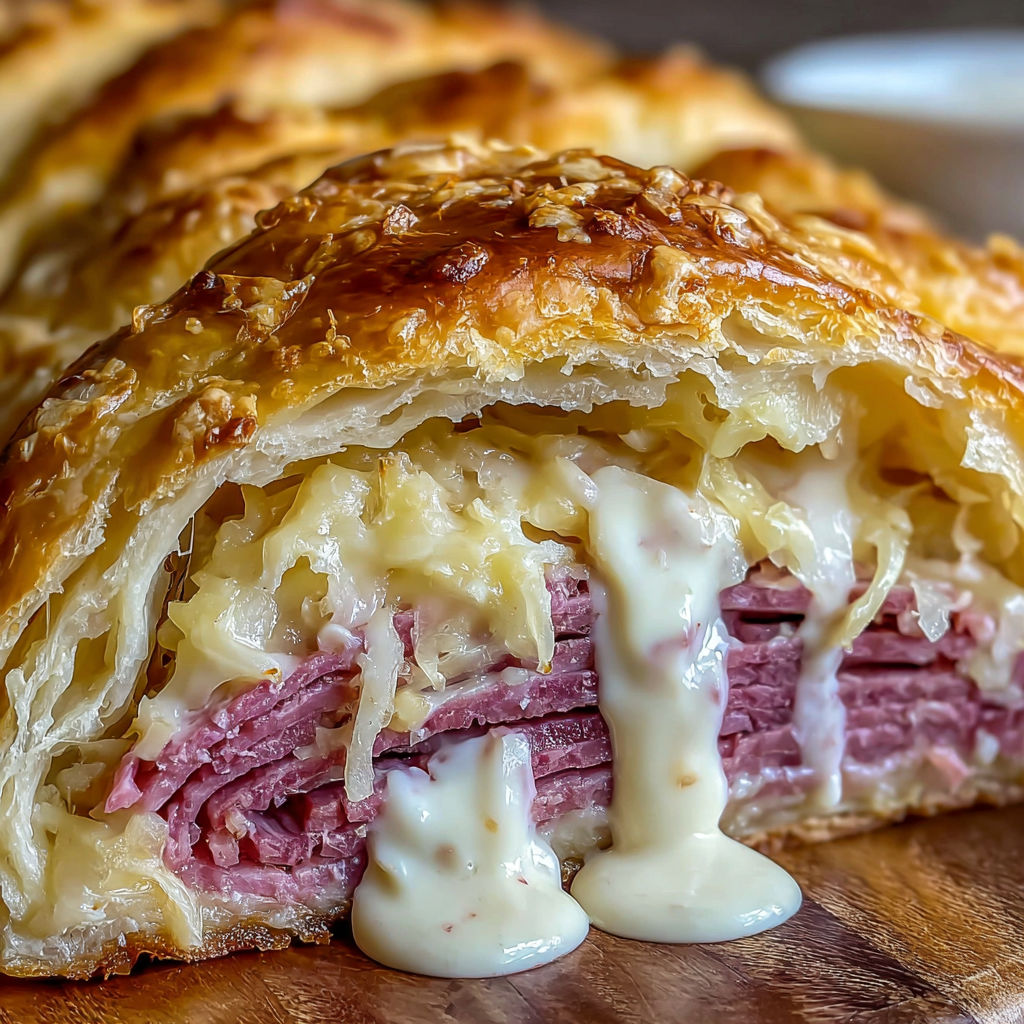A slice of a Reuben Crescent Bake.