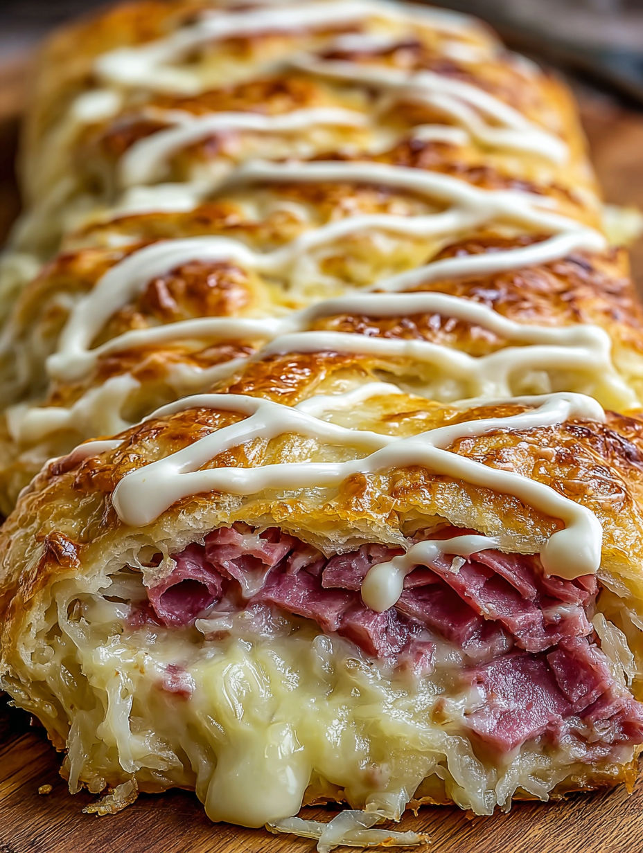A Reuben Crescent Bake with white icing.