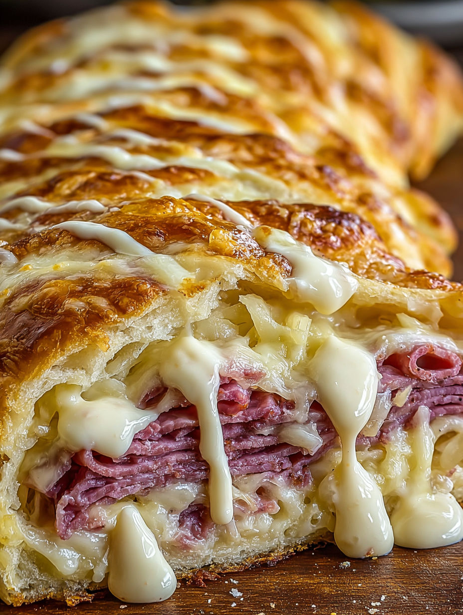A Reuben Crescent Bake with cheese and meat.
