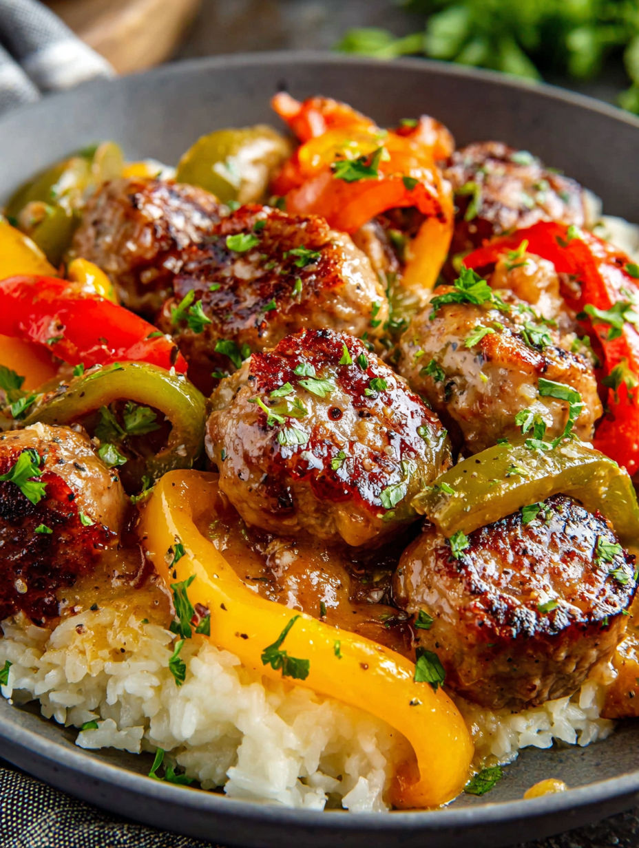 A bowl of sausage and peppers with rice.
