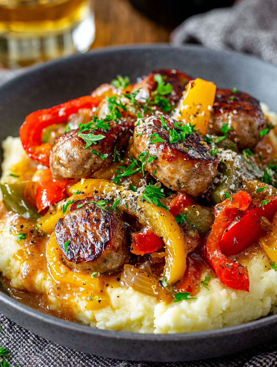 A plate of sausage and peppers.