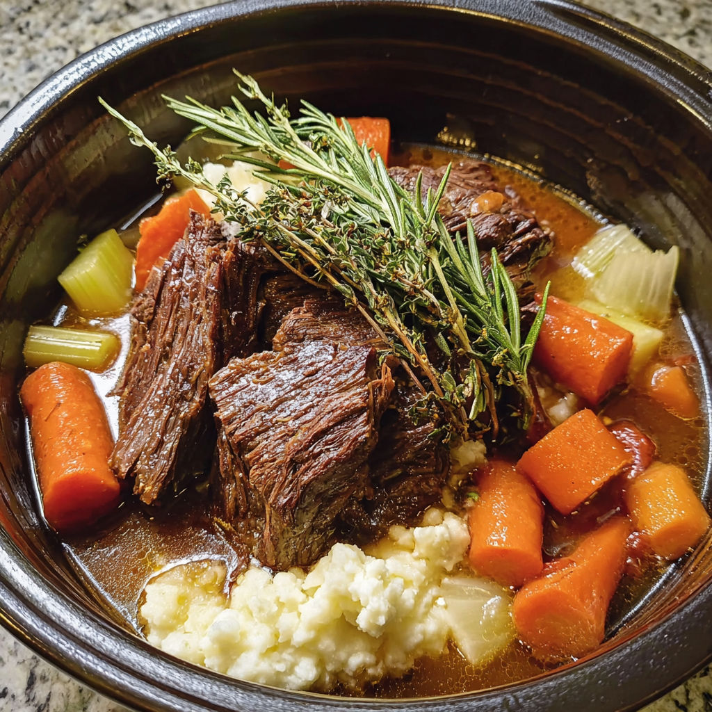 A pot of beef and vegetables.