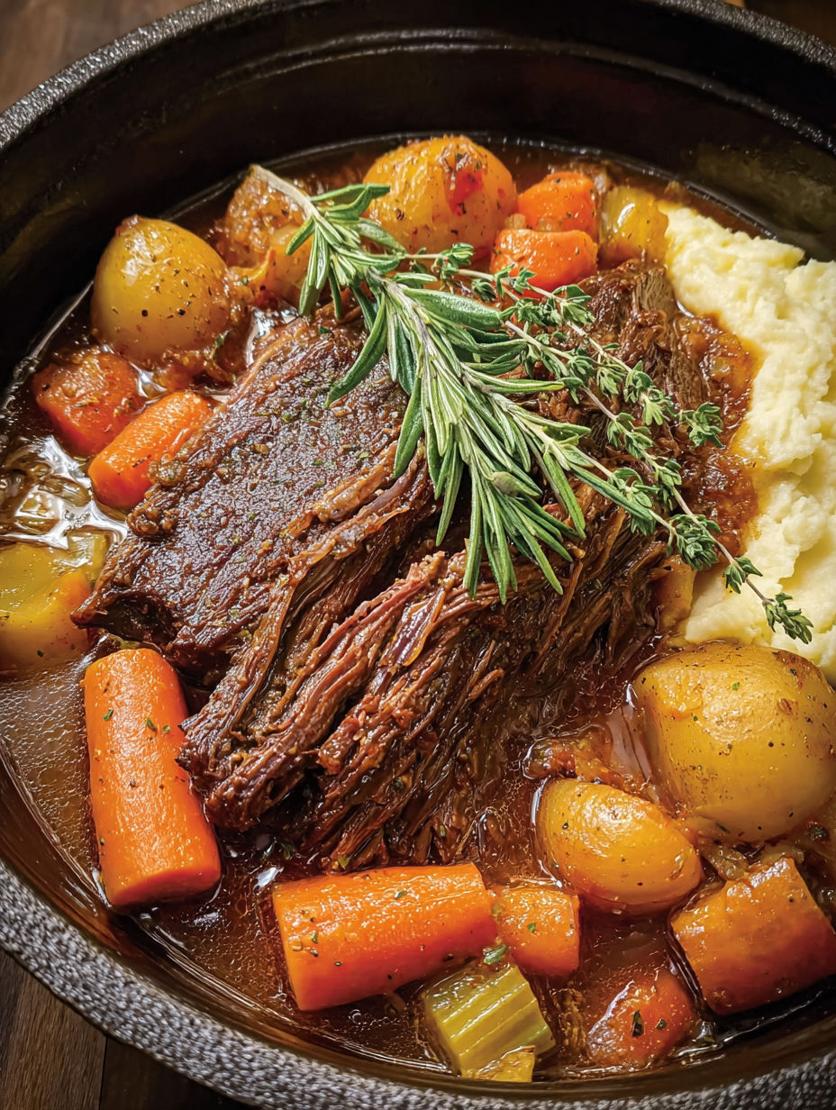 A slow cooker pot roast goat with carrots and potatoes.