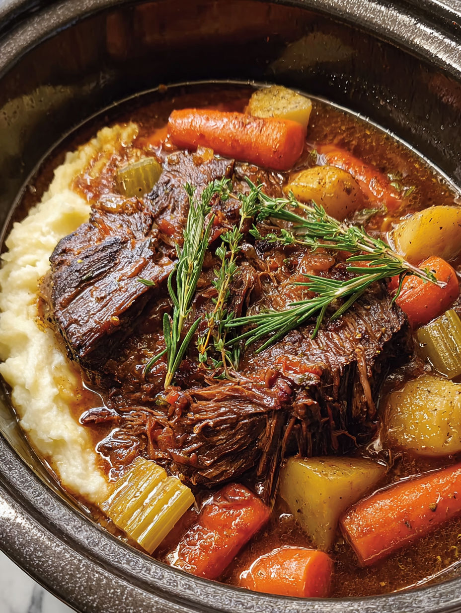 A pot roast in a slow cooker.