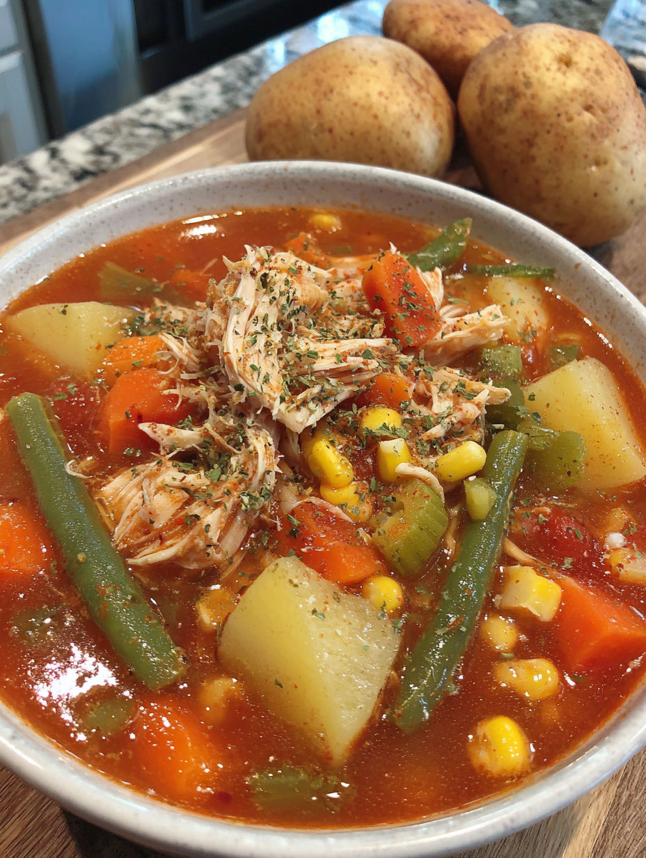 A bowl of soup with chicken, corn, and potatoes.