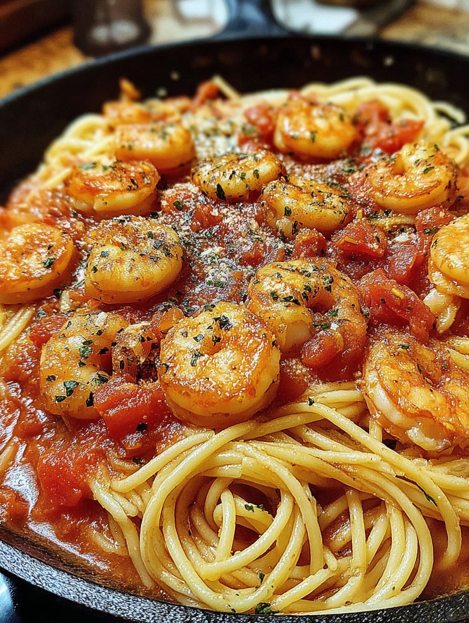 A plate of spaghetti with garlic, tomatoes, and shrimp.