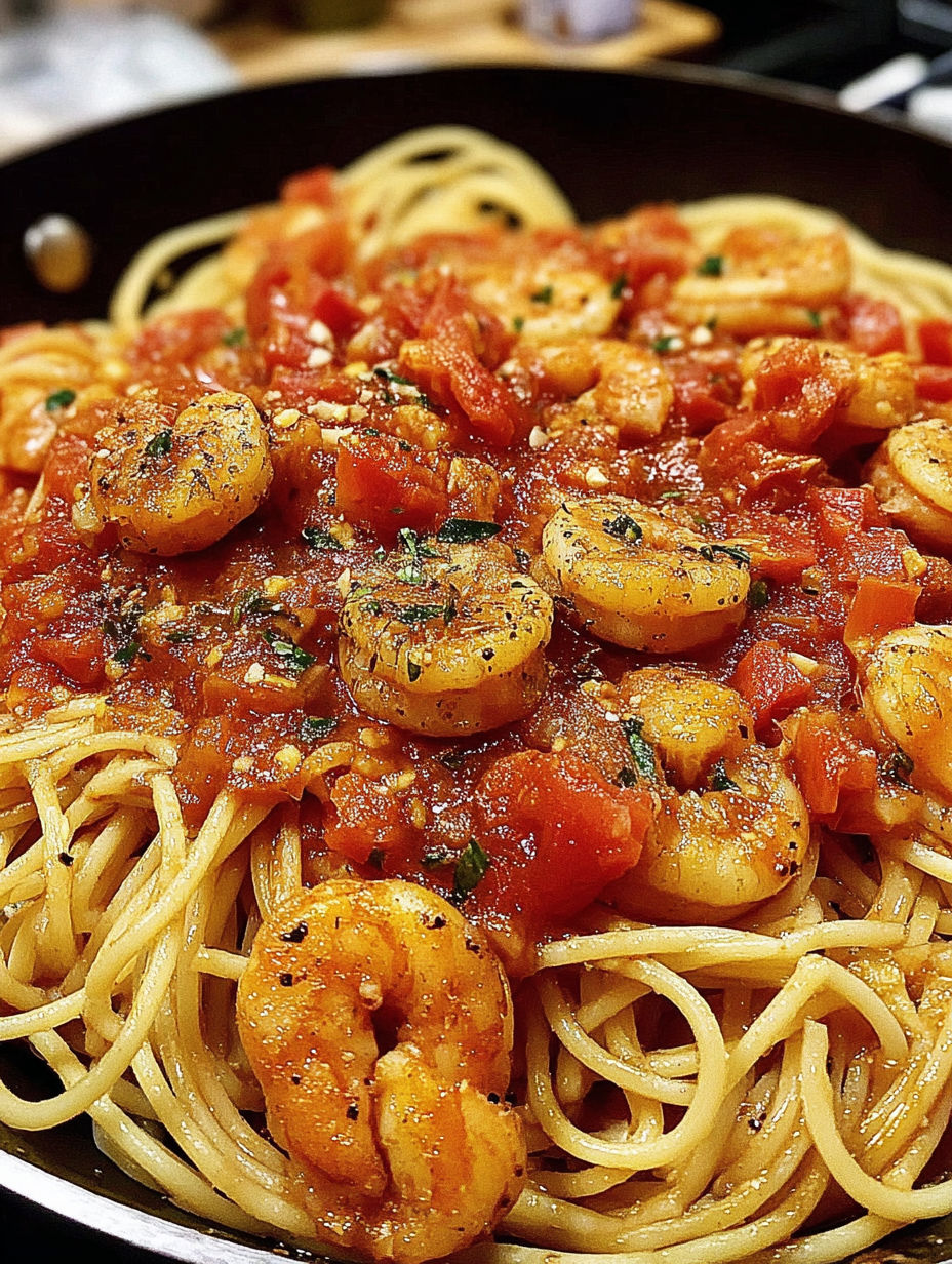 A plate of spaghetti with garlic, tomatoes, and shrimp.