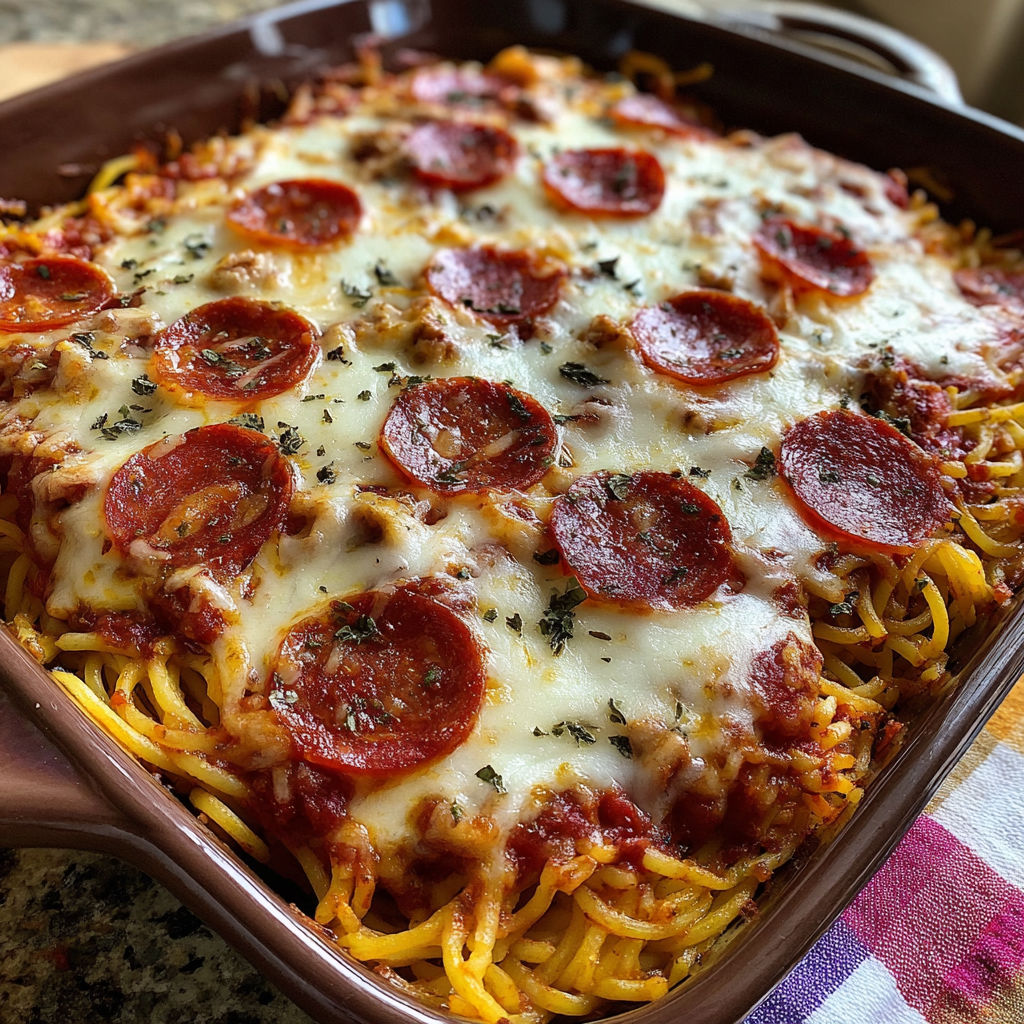 A baked spaghetti pizza dish with pepperoni and cheese.