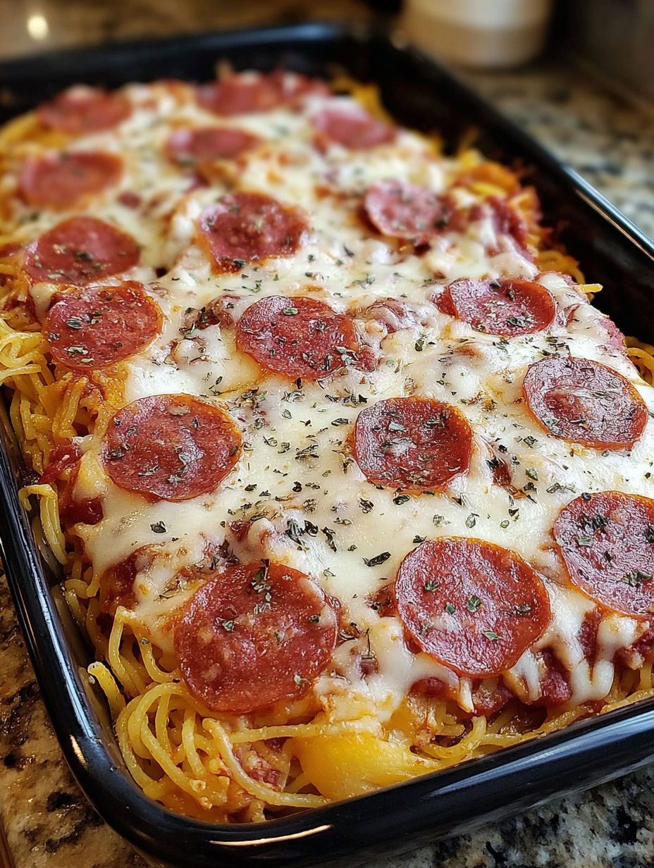 A baked spaghetti pizza dish with pepperoni and cheese.