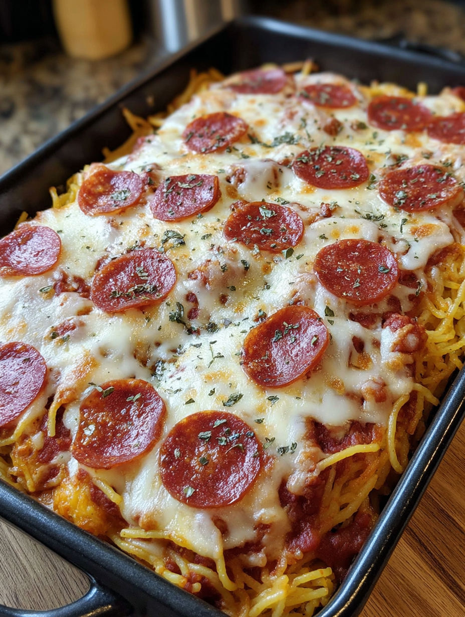 A baked spaghetti pizza dish with pepperoni and cheese.