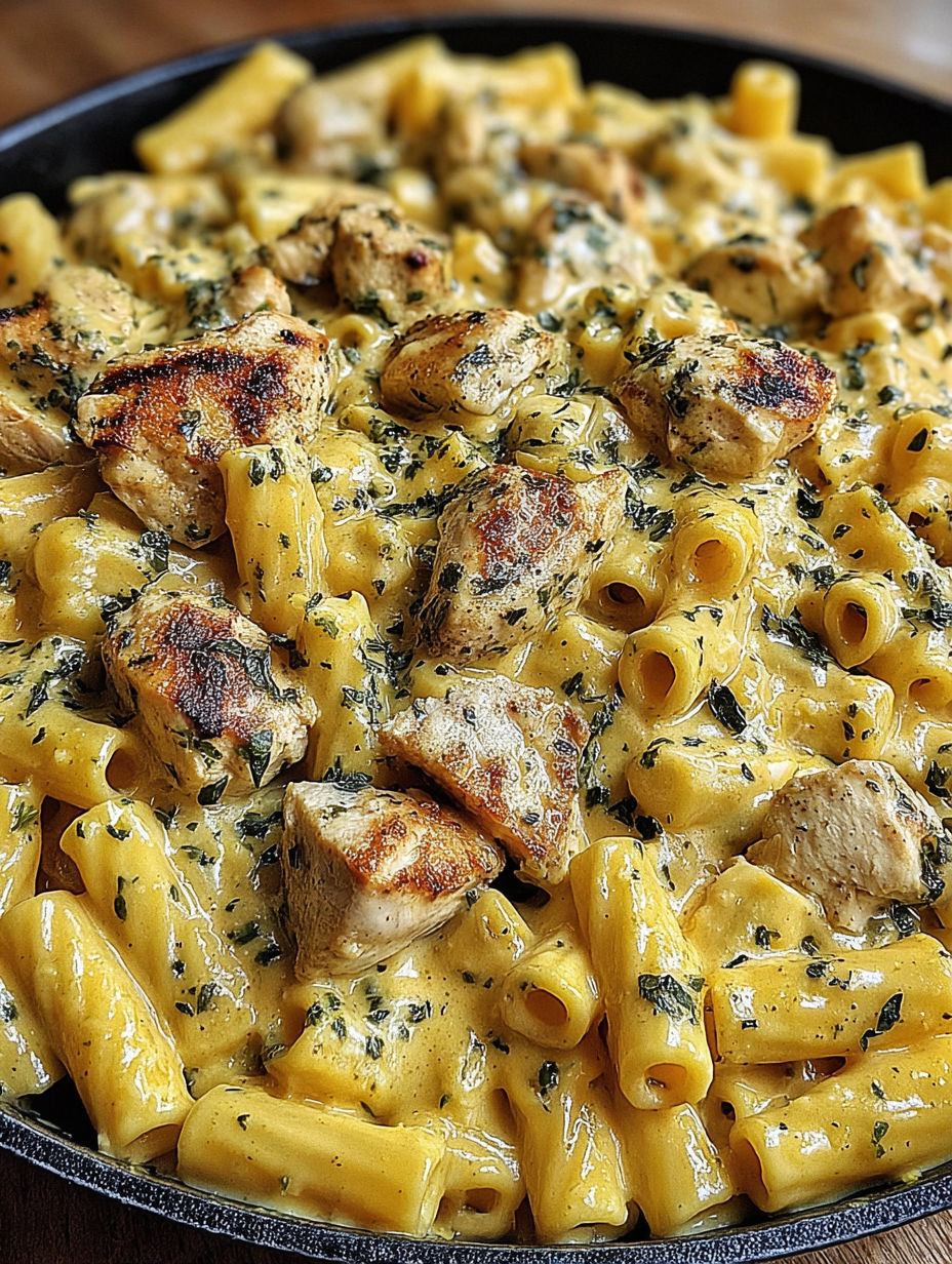 A plate of pasta with chicken and spinach.