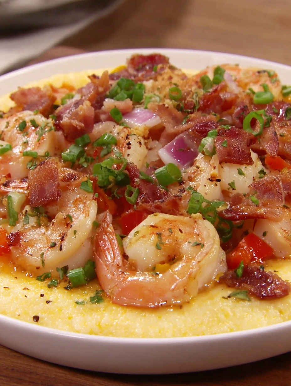 A white plate with shrimp and grits casserole.