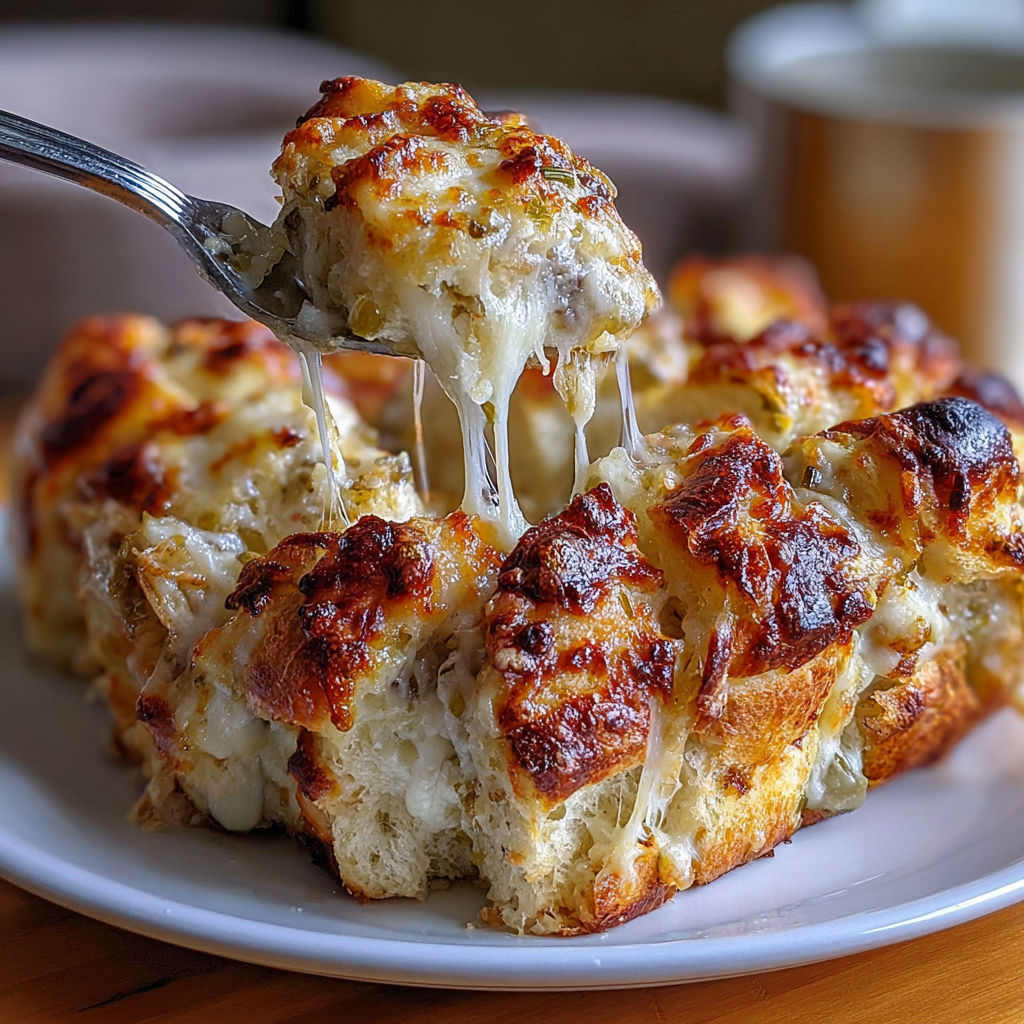 A fork is stuck in a green chile cheese pull-apart.