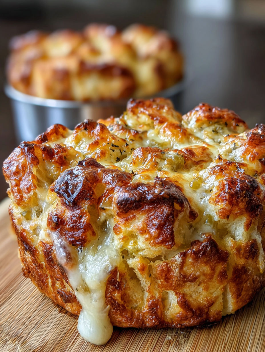 A green chile cheese pull-apart is on a wooden table.