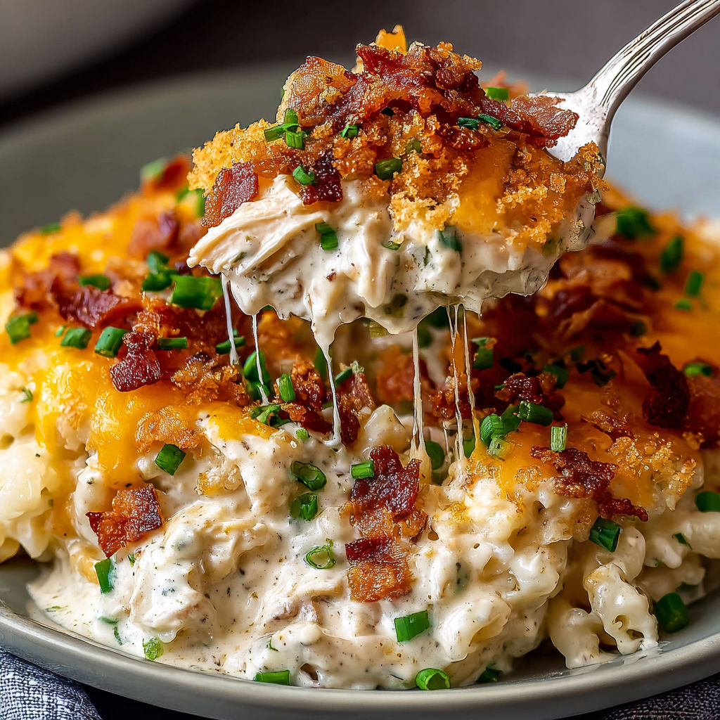 A plate of creamy crack chicken bake with bacon and cheese.