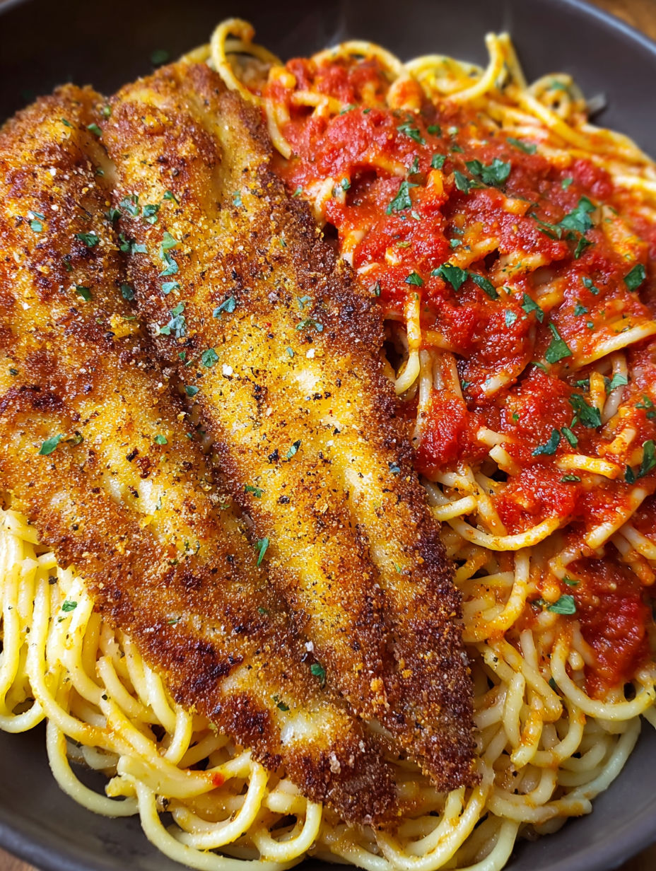 A plate of spaghetti with fish on top.