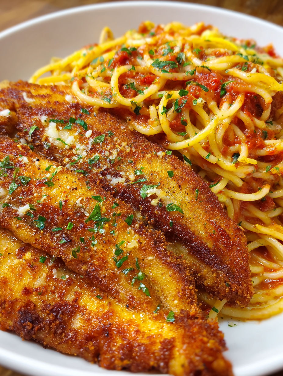 A plate of fish and spaghetti.