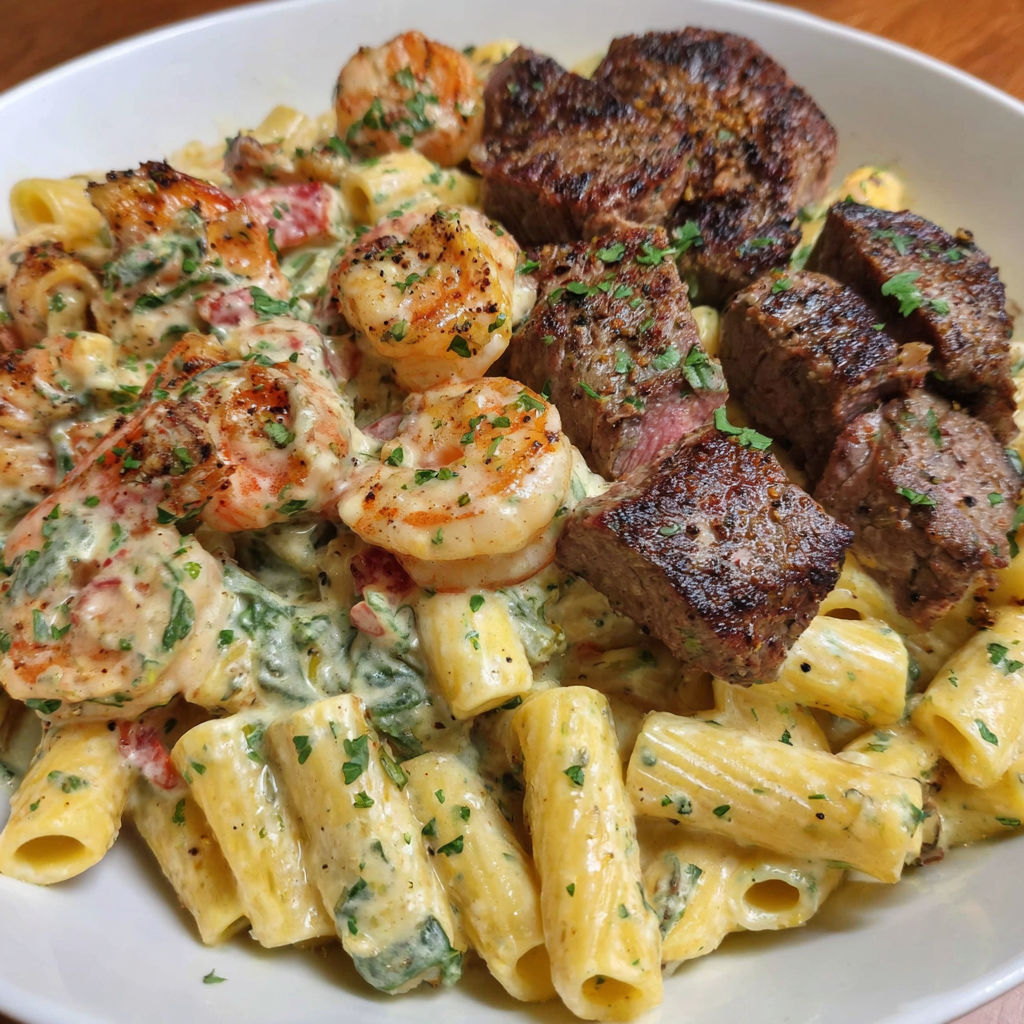 A plate of food with shrimp and meat.