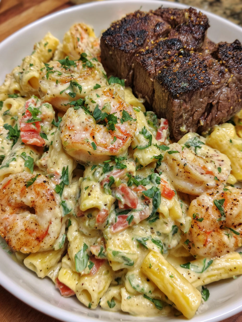 A bowl of shrimp alfredo with a blackened steak on the side.