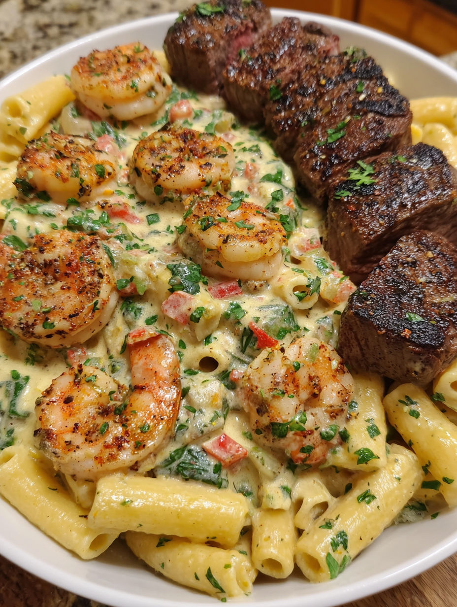 A plate of food with shrimp and steak.